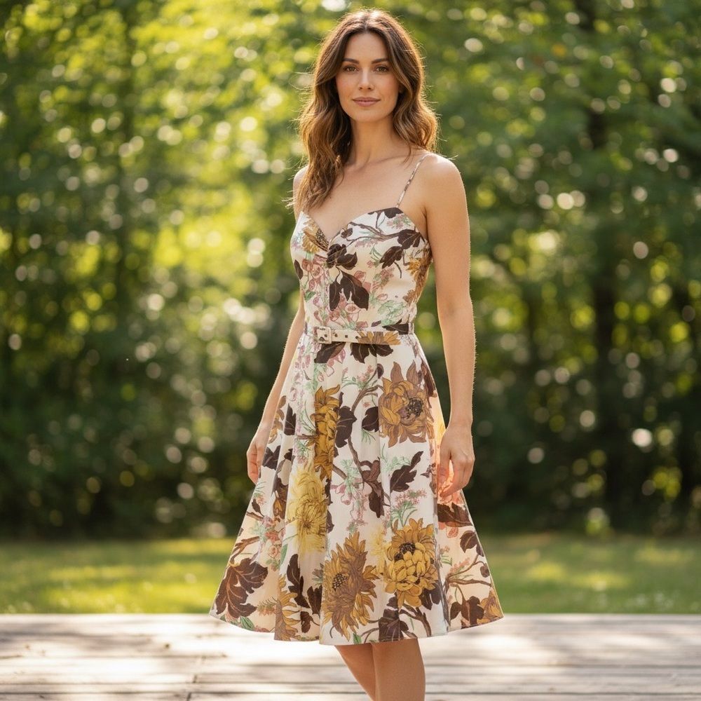 ZARA Floral Fit & Flare Dress – Women’s Size S – Belted Spaghetti Strap Midi